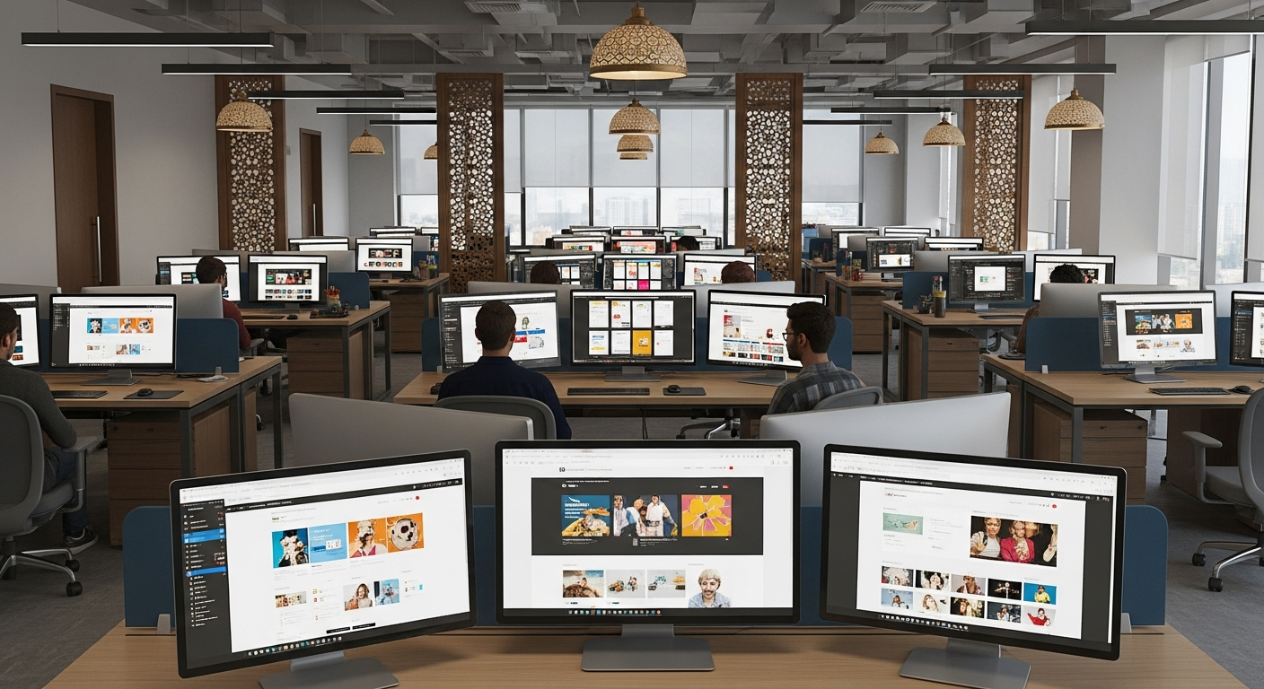 Modern web development studio with futuristic interfaces